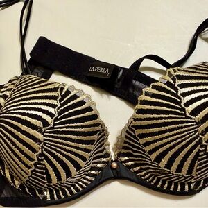 La Perla Black Label Seashell Bra 34B, black and metallic gold w/ pearl, push-up